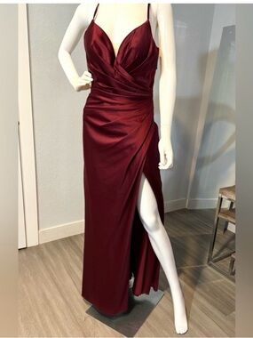 La Femme Wine Satin Spaghetti Strap Maxi Dress with High Slit